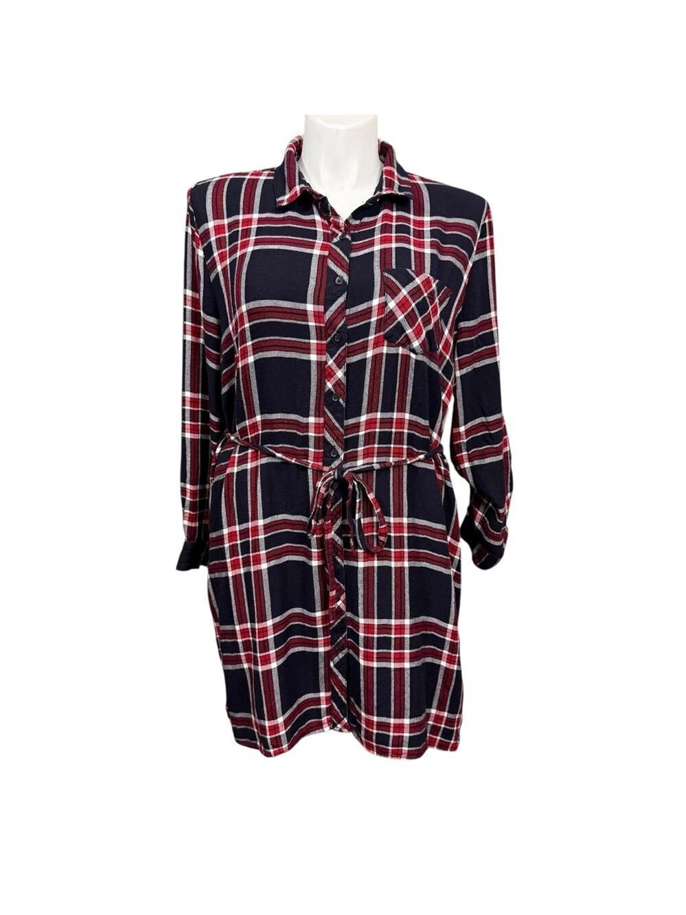 BLL NYC Red Black Plaid Button Front Belted Shirt Dress XXL